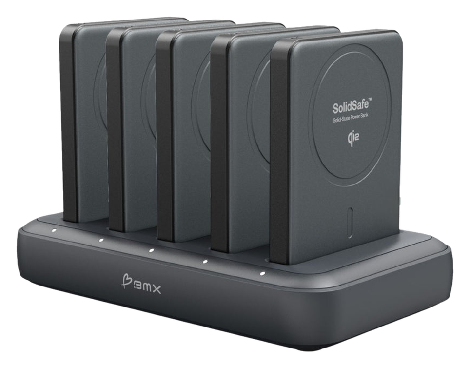 Five SolidSafe power banks in the 5-Bay Charging Dock
