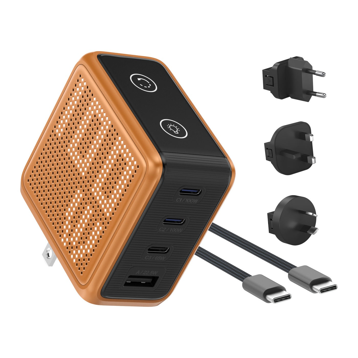 Orange GaNSta 100W Pixel charger with braided USB-C cable and EU, UK, and AU travel adapters