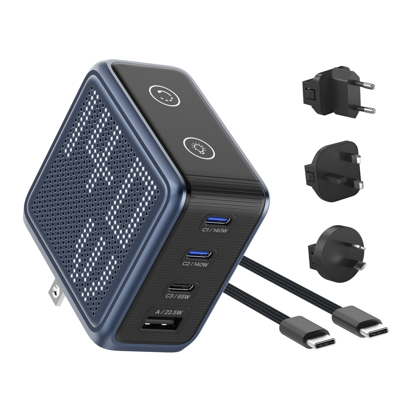 Blue GaNSta 140W Pixel charger with braided USB-C cable and EU, UK, and AU travel adapters