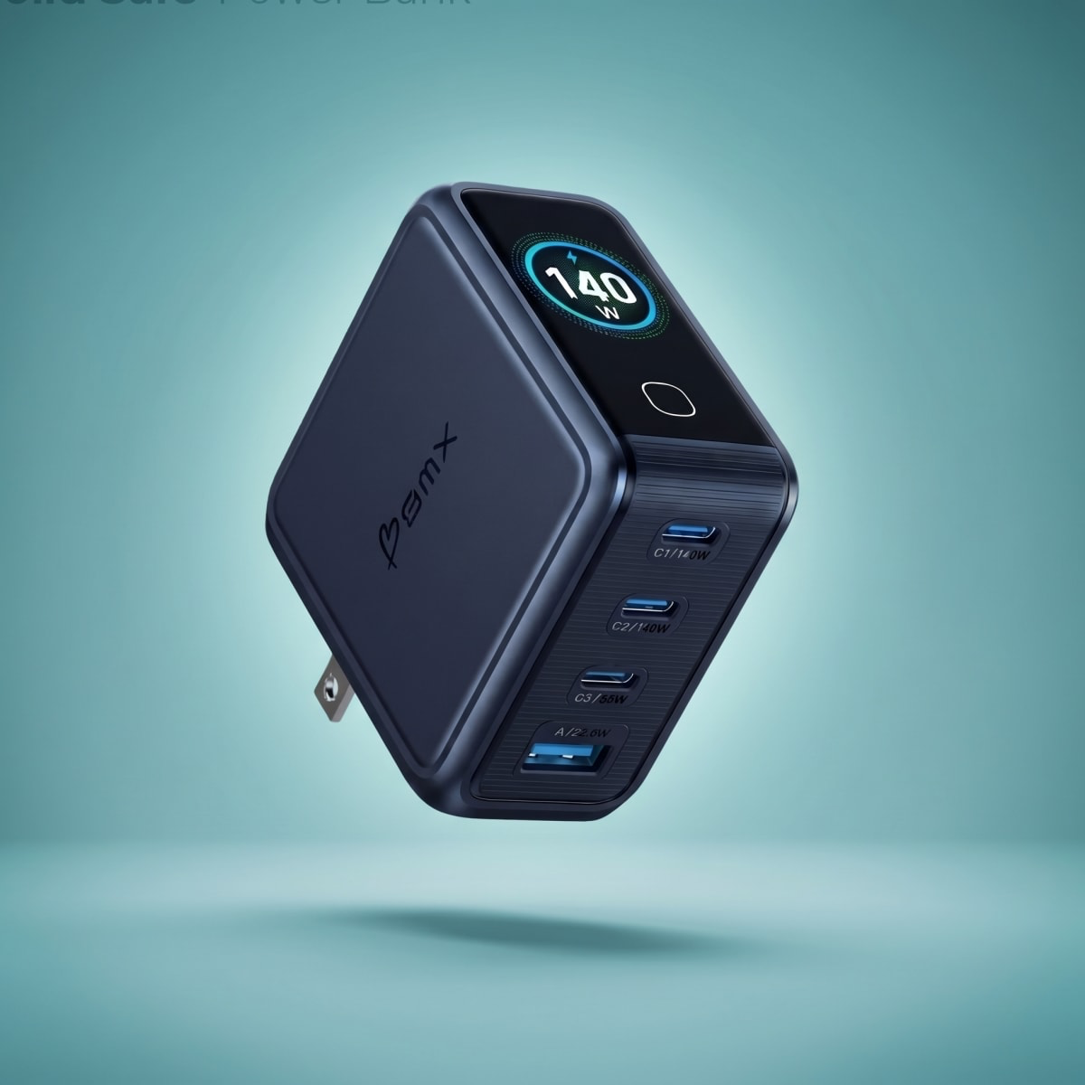 Blue GaNSta 140W LCD charger showing 140W on its color display