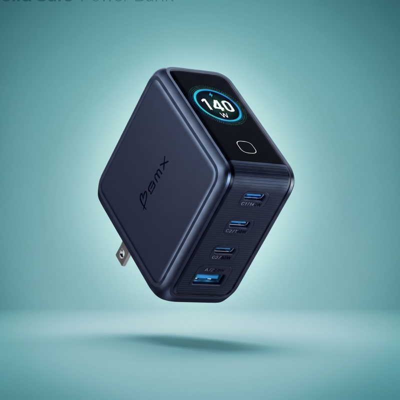 Blue GaNSta 140W LCD charger showing 140W on its color display