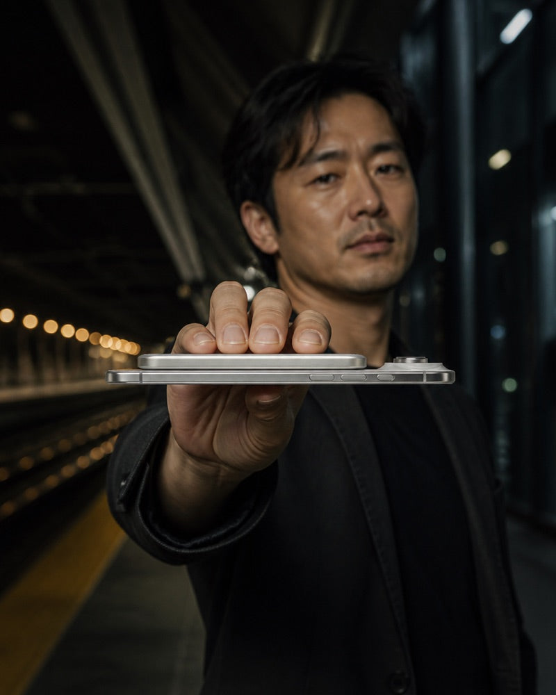 Traveler carrying a phone with a SolidSafe power bank attached