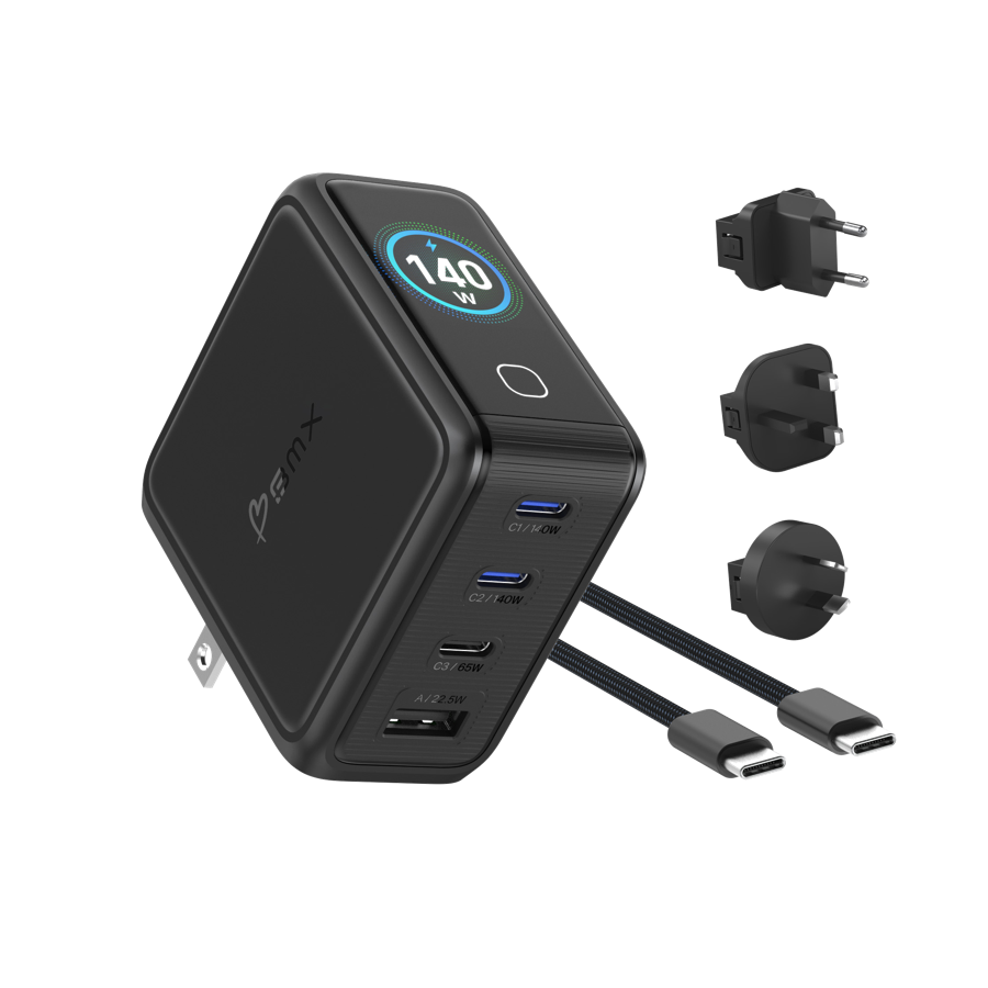 GaNSta 140W LCD charger with global adapters and cable