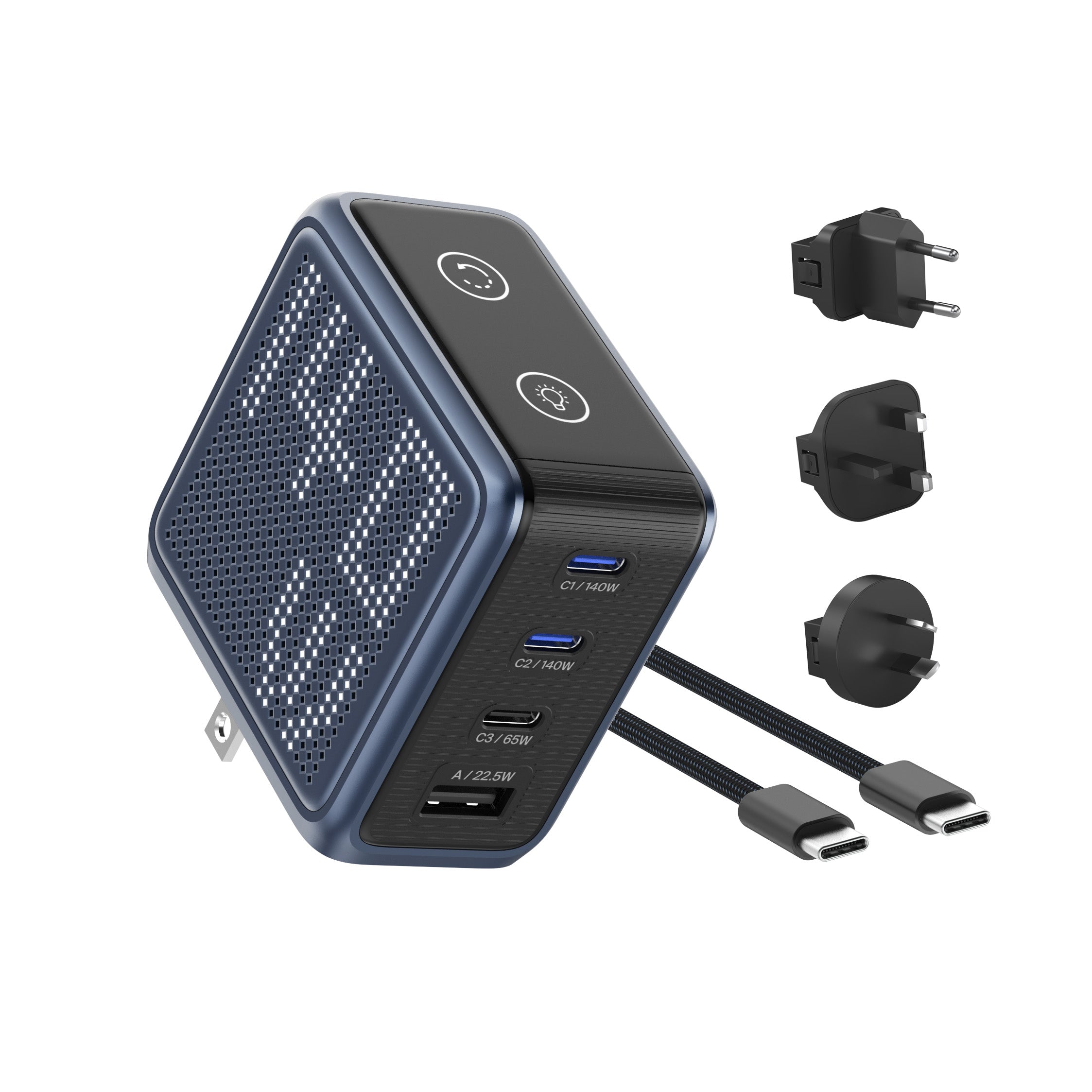 Blue GaNSta 140W Pixel charger with two USB-C cables and global travel adapters
